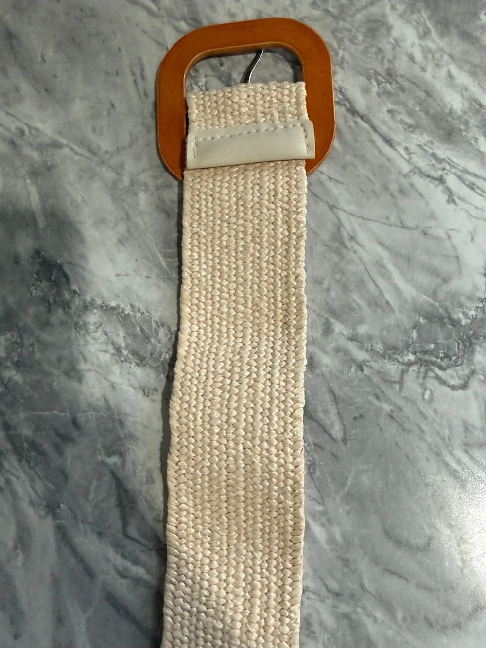 Vintage Ivory Stretch Woven Belt with Faux Bamboo Square Buckle Boho Coastal